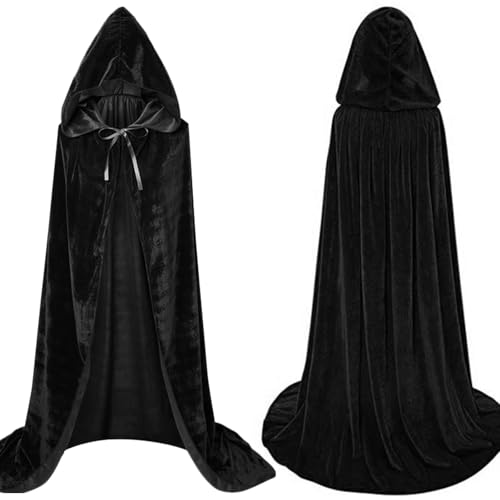 SALADOCY Schwarzer Umhang mit Kapuze, 170 cm Samt Umhang für Herren und Damen, Lang Mit Kapuze Umhang, Halloween Kostüm, Vampir-Kostüm, für Karneval und Halloween (XXL) von SALADOCY