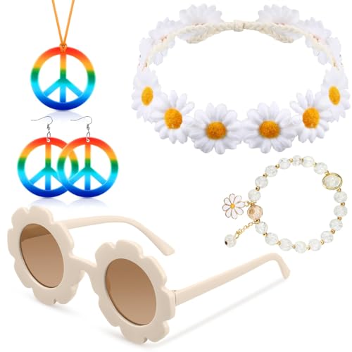 SALGIA 5 Stück Hippie Kostüm Set, Vintage Hippie Kleidung Zubehör, mit Brill, Halskette, Ohrringe, Stirnband, Armbänder, für 60er 70er 80er Jahre Party Karneval (E) von SALGIA