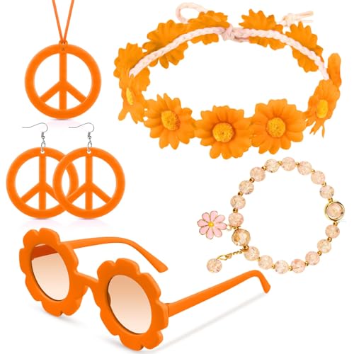 SALGIA 5 Stück Hippie Kostüm Set, Vintage Hippie Kleidung Zubehör, mit Brill, Halskette, Ohrringe, Stirnband, Armbänder, für 60er 70er 80er Jahre Party Karneval (F) von SALGIA