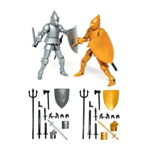 SALONIKA T13 Action Figure, Dummy 13, Actionfigur, Mittelalterlicher Ritter, Set mit 2 Figuren, 15 Gelenken, 8 Zubehörteile, Gold und Silber (Weiß und Schwarz) von SALONIKA