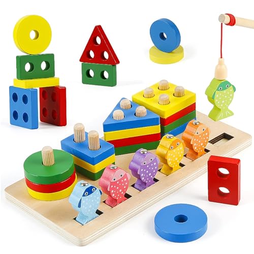 SAMISO Montessori Spielzeug ab 1 2 3 Jahr,Stapelspielzeug Steckpuzzle für 12+ Monate Baby-Jungen & Mädchen Magnetisch Fischereispielzeug Geometrische Baukasten Shape Sorter Puzzles,Lernspielzeug von SAMISO