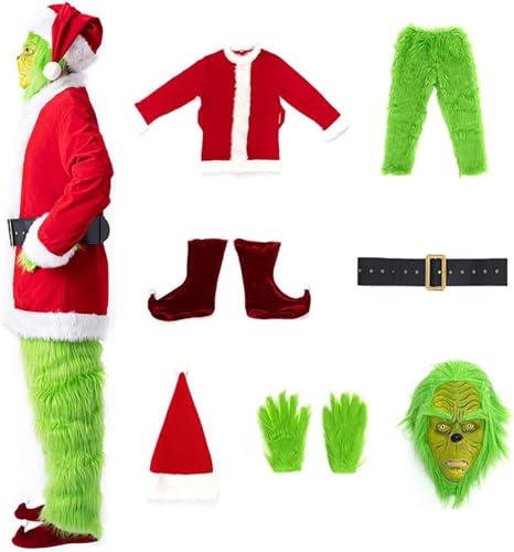 7-teiliges Weihnachtsmann-Kostüm for Herren, weihnachtliches grünes großes Monster-Haarkostüm, Weihnachts-Outfit, Party-Anzug mit grüner Monster-Maske, Weihnachtsmütze und Handschuhen for Weihnachten, von SANCAK