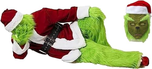 Weihnachtsmann-Outfit, generische Weihnachts-Grinch-Kostüme for Erwachsene, 7-teilig, Deluxe-Pelz-Outfit-Set, Cosplay-Urlaubsset, Weihnachtsanzug mit Maske, Mütze, Mantel, Gürtel, Hose, Socken und Han von SANCAK