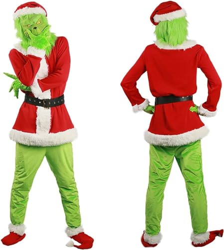 Weihnachtsmann-Outfit, generische Weihnachts-Grinch-Kostüme for Erwachsene, 7-teilig, grüner Monster-Weihnachtsmann-Anzug, Cosplay-Urlaubsset, Weihnachtsanzug mit Maske, Mütze, Mantel, Gürtel, Hose, S von SANCAK