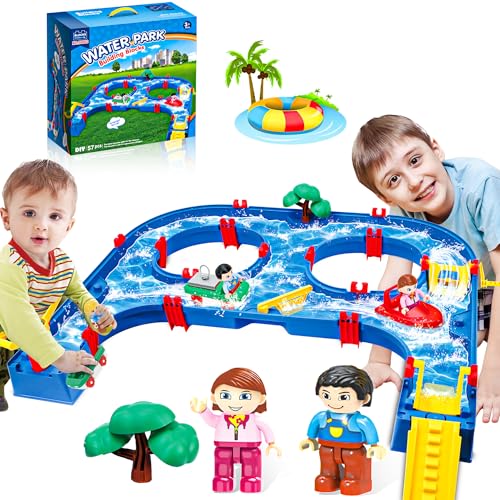 SANCO Wassertisch für Kleinkinder – Wasserbahn-Spielset für Kinder, 61 Teile, DIY-Tisch-Strandspielzeug auf Hinterhof, Rasen, Pool – Wasserspielzeug mit 4 Booten, Sommer-Outdoor-Aktivitäts-Funnen für von SANCO
