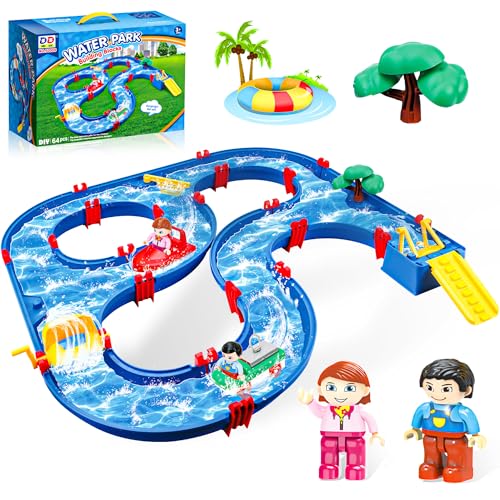 SANCO Wassertisch für Kleinkinder – Wasserbahn-Spielset für Kinder, 68 Teile, DIY-Tisch-Strandspielzeug auf Hinterhof, Rasen, Pool – Wasserspielzeug mit 4 Booten, Sommer-Outdoor-Aktivitätsfuns von SANCO