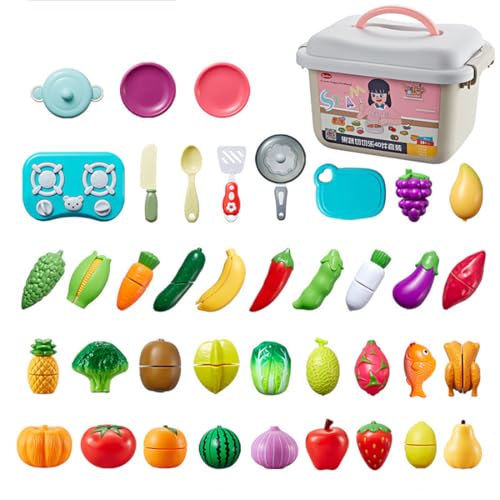 40+Teiliges Küchenspielzeug Set zum Schneiden von Obst und Gemüse, Mini-Geschirr und Besteck aus Kunststoff für Babys und Kinder, Lernspielzeug von SANFUNET