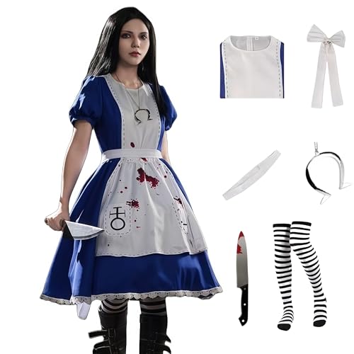 SANJSJHXJ Alice Cosplay Kostüm, Alice Madness Cosplay Outfit Maid Lolita Kleid mit Halskette für Halloween Karneval Party (Blau, M) von SANJSJHXJ