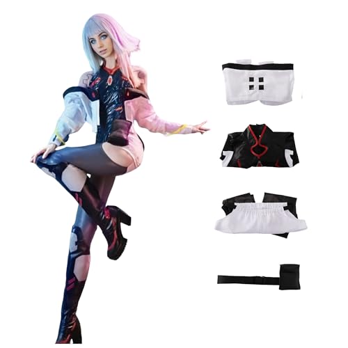 SANJSJHXJ Lucy Heartfilia Cosplay Kostüm, Rebeccas Teamkollege Cosplay Outfit, Punk Jacke Jumpsuit mit Trägerlosem Design für Halloween (Schwarz, XXL) von SANJSJHXJ