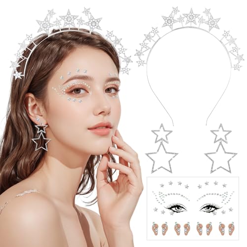 SANLIUSANJIU 3 Stück Sterne Haarreif Set, Glitzer Stirnband + Ohrringe + Gesichtstattoo, für Damen Mädchen Karneval Fasching Geburtstag Party Kostüm Glitzer Haarschmuck SANLIUSANJIU 3 Stück Sterne Haarreif Set, Glitzer Stirnband + Ohrringe + Gesichtstattoo, für Damen Mädchen Karneval Fasching Geburtstag Party Kostüm Glitzer Haarschmuck von SANLIUSANJIU