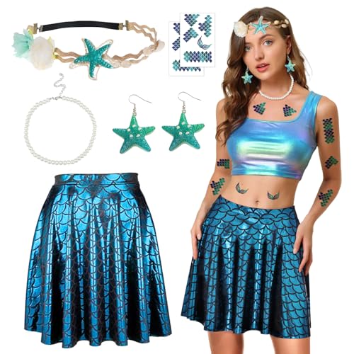 SANLIUSANJIU Damen Meerjungfrau Kostüm 7 Set, Fischschuppen Rock, Seestern Haarschmuck, 1 Paar Seestern Ohrringe, 2 Aufkleber, Perlenhalskette, für Fasching Karneval Mottoparty Kostüm SANLIUSANJIU Damen Meerjungfrau Kostüm 7 Set, Fischschuppen Rock, Seestern Haarschmuck, 1 Paar Seestern Ohrringe, 2 Aufkleber, Perlenhalskette, für Fasching Karneval Mottoparty Kostüm von SANLIUSANJIU