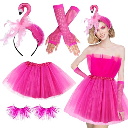 SANLIUSANJIU Damen Flamingo Kostüm, (Rot Tüllrock Tutu Kurzer Rock mit Rot Feder Künstliche Wimpern, Flamingo Haarreif, Rot Handschuhe), für Fasching Karneval Mottoparty Sommer Party Hawaii Kostüm von SANLIUSANJIU