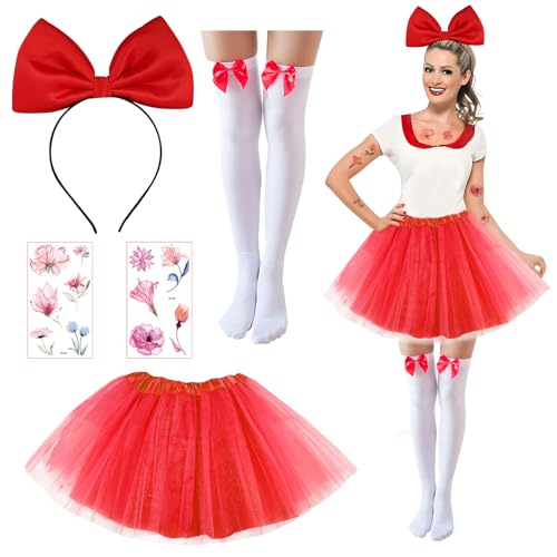 SANLIUSANJIU 50er Damen Rot Tüllrock Set, Groß Schleife Stirnband + Schleife Overknee Strümpfe + Rot Tüllrock Tutu Kurzer Rock + Tattoo Aufkleber, Schokobons Kostüm, für Karneval,Fasching,Mottoparty SANLIUSANJIU 50er Damen Rot Tüllrock Set, Groß Schleife Stirnband + Schleife Overknee Strümpfe + Rot Tüllrock Tutu Kurzer Rock + Tattoo Aufkleber, Schokobons Kostüm, für Karneval,Fasching,Mottoparty von SANLIUSANJIU