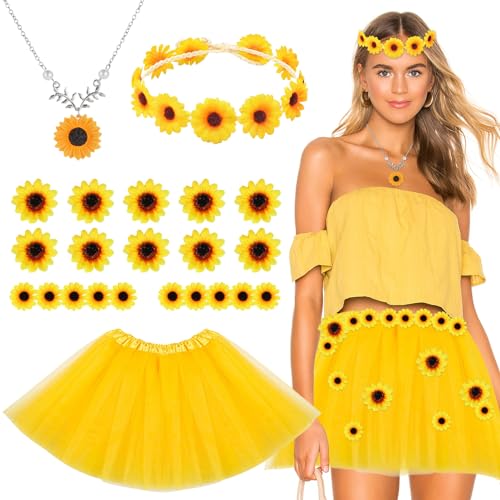 SANLIUSANJIU Damen Sonnenblumen Kostüm Set, Mädchen Sonnenblumen Tutu Skirt Stirnband Haarschmuck, Sonnenblumen Blütenköpfe Armbänder, für Karneval Mottoparty Hochzeit (A) von SANLIUSANJIU