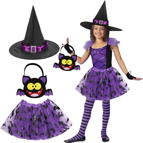 SANLIUSANJIU Halloween Tütü Hexen Verkleidung Set, 3 Stück Kinder Hexen Kostüm mit Fledermaus Tutu Rock, Hexen Hut, Süßigkeitstasche für Kinder 3-10 Jahr Halloween Karneval Party Kostüm SANLIUSANJIU Halloween Tütü Hexen Verkleidung Set, 3 Stück Kinder Hexen Kostüm mit Fledermaus Tutu Rock, Hexen Hut, Süßigkeitstasche für Kinder 3-10 Jahr Halloween Karneval Party Kostüm von SANLIUSANJIU