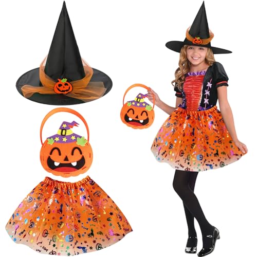 SANLIUSANJIU Halloween Tütü Hexen Verkleidung Set, 3 Stück Kinder Hexen Kostüm mit Kürbis Tutu Rock, Hexen Hut, Süßigkeitstasche für Kinder 3-10 Jahr Halloween Karneval Party Kostüm SANLIUSANJIU Halloween Tütü Hexen Verkleidung Set, 3 Stück Kinder Hexen Kostüm mit Kürbis Tutu Rock, Hexen Hut, Süßigkeitstasche für Kinder 3-10 Jahr Halloween Karneval Party Kostüm von SANLIUSANJIU