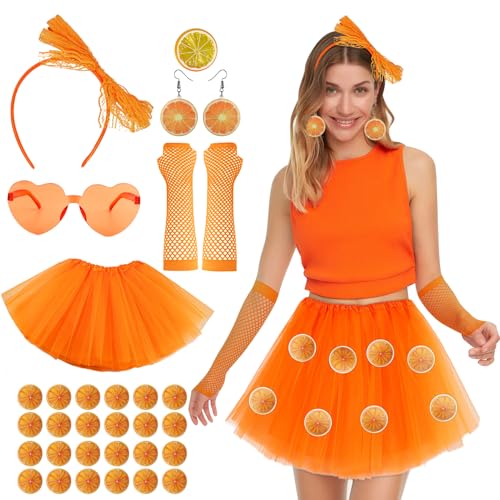 SANLIUSANJIU Karneval Damen Orange Kostüm Set, 50er Faschingskostüm Kostüm Damen, Orange Acryl Ohrringe, Rock Kurz Tuturock, Stirnband usw, Karnevalskostüm mit Accessoires SANLIUSANJIU Karneval Damen Orange Kostüm Set, 50er Faschingskostüm Kostüm Damen, Orange Acryl Ohrringe, Rock Kurz Tuturock, Stirnband usw, Karnevalskostüm mit Accessoires von SANLIUSANJIU