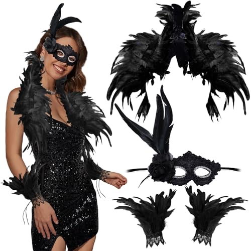 SANLIUSANJIU Schwarzer Federumhang Set, Gothic Feder Achselzucken Schalkragen Schal Damen Federkragen mit Feder Manschetten und Gothic Federmaske, Halloween Maskerade Damen Maleficent Kostüm SANLIUSANJIU Schwarzer Federumhang Set, Gothic Feder Achselzucken Schalkragen Schal Damen Federkragen mit Feder Manschetten und Gothic Federmaske, Halloween Maskerade Damen Maleficent Kostüm von SANLIUSANJIU