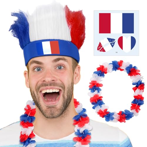 SANLIUSANJU Frankreich Perücke + Frankreich Hawaiianische Blumenketten + Frankreich Aufkleber, Frankreich Spiele 2024 Europa League Fan Gear Set SANLIUSANJU Frankreich Perücke + Frankreich Hawaiianische Blumenketten + Frankreich Aufkleber, Frankreich Spiele 2024 Europa League Fan Gear Set von SANLIUSANJIU
