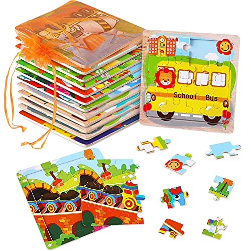 SANNIX 12 Holztier-Puzzles mit 9 Teilen und Organisationstasche für jedes Puzzle für Kinder im Alter von 2 3 4 5 Jahren im Vorschulalter,pädagogisches Lernspielzeug für Kleinkinder,Jungen und Mädchen von SANNIX