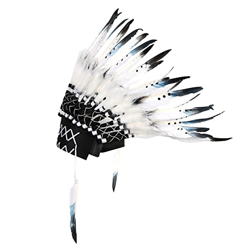 SANON Indianer Kopfschmuck, Feder Stirnband Indianer Kopfschmuck, Erwachsene Indianer Stil Kopfbedeckung für Party Foto Requisiten Weiß, weiß, M von SANON