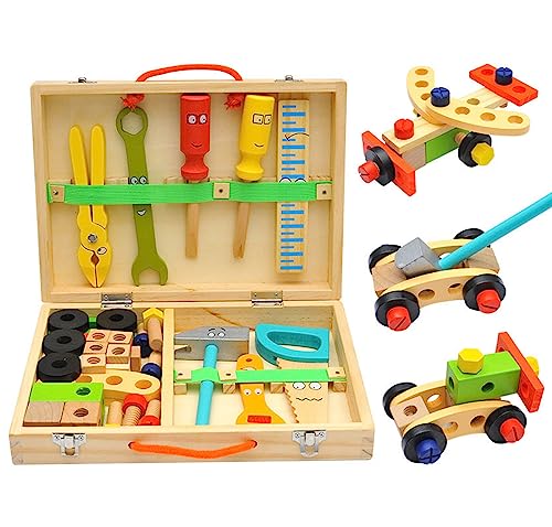 Werkzeugset Werkzeugkoffer Kinder Spielzeug mit Aufbewahrungsbox aus Holz, Werkzeug Werkzeugkasten Spiele, Montessori Spielzeug mit Farbige Holzwerkzeuge Kinderspielzeug Rollenspiel Spielzeug von Yagosodee