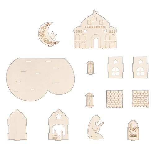 SANRLO Raumdekoration, Heimdekoration, Ornamente für Wohnzimmer, Basteln, Holzpuzzle, 3D-Islam-Ramadan-Schlöcher, Puzzle-Hausmodell-Kits, DIY-Haus-Puzzle-Dekoration, Holzdekoration von SANRLO