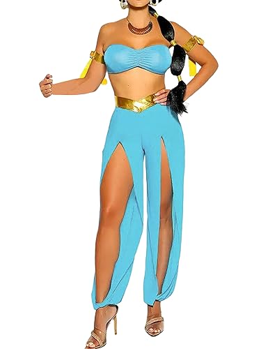 Damen-Kostüm, arabische Prinzessin, Cosplay, trägerlos, Bandeau-Top, Schlitz, lange Hose und Armbindung, 3-teiliges Halloween-Jasmin-Outfit (Blau, M) von SANSIWU