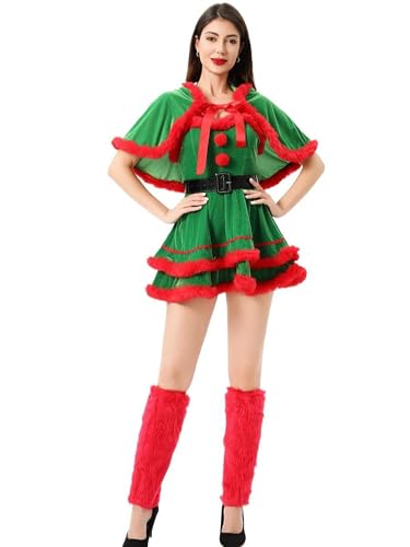 Damen Mrs. Santa Claus Kostüm Fancy Pelzbesatz Samt Swing Kleid Weihnachten Santa Outfit Xmas Elf Cosplay Kleid (Grün, M) von SANSIWU