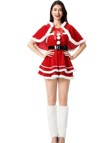 Damen Mrs. Santa Claus Kostüm Fancy Pelzbesatz Samt Swing Kleid Weihnachten Santa Outfit Xmas Elf Cosplay Kleid (Rot, L) von SANSIWU