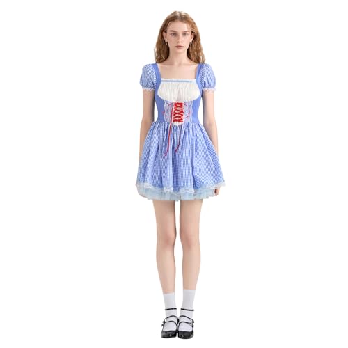 Damen Sweetie Cosplay Kostüm Mode Y2k Kurze Puffärmel Spitzensaum Plaid Korsett Party Minikleid Mottoparty Outfits (B-01, S) von SANSIWU