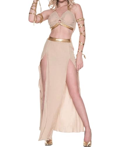 Damenkostüm, ägyptische Königin, Kleopatra, exquisites Halloween-Kostüm, Renaissance-Kleid-Set, Schlinge, mittelalterliches langes Kleid + Kopfbedeckung + Armband, Outfits (B-Ginger Yellow, M) von SANSIWU