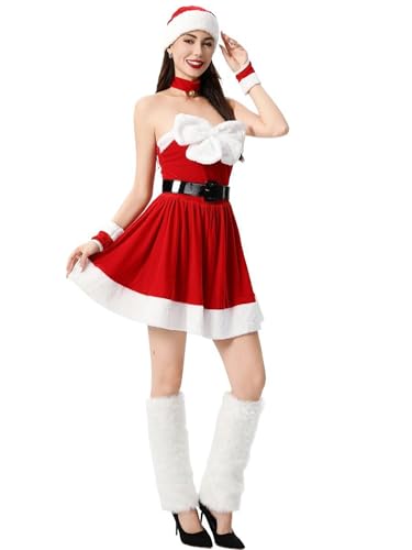 Frauen-Weihnachtsmann-Kostüm, Samt, Erwachsene, Weihnachts-Kostüm und Nikolausmütze, Cosplay-Outfit (rot, Einheitsgröße) von SANSIWU