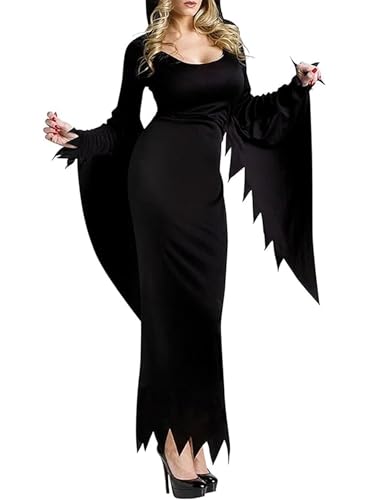 Halloween-Kostüme für Damen, Gothic, Hexenkleid, langärmelig, einfarbig, mittelalterlich, Vampirzauberin, Cosplay-Kleider (A-Schwarz1, M) von SANSIWU