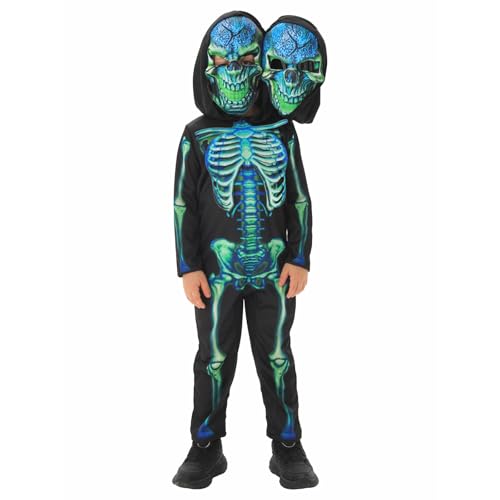 Halloween-Kostüme für Kinder, langärmelig, mit Kapuze, Cosplay, Rollenspiel, Doppelkopf-Skelett, Overall, gruseliges zweiköpfiges Skelett, Cosplay-Kostüm (Hellgrün, M) von SANSIWU