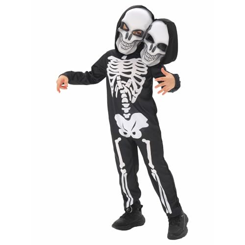 Halloween-Kostüme für Kinder, langärmelig, mit Kapuze, Cosplay, Rollenspiel, Doppelkopf-Skelett, Overall, gruseliges zweiköpfiges Skelett, Cosplay-Kostüm (Weiß, L) von SANSIWU