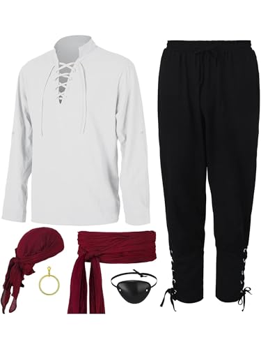 Herren-Kostüm-Set, 6-teilig, Renaissance-Kostüm, mittelalterliches Piraten-Kostüm, Wikinger-Kostüm, Zubehör-Set, Piraten-Cosplay-Outfits (A-Weiß, M) von SANSIWU