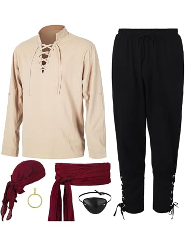 Herren-Kostüm-Set, 6-teilig, Renaissance-Kostüm-Set, mittelalterlicher Pirat, Wikinger, Kostümzubehör-Set, Piraten-Cosplay-Outfits (A-Beige, XXL) von SANSIWU
