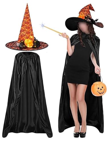 Hexenkostüm-Set für Erwachsene, Cosplay, schwarzer böser Hexenhut mit Samtumhang, Halloween-Kostüme, Outfits (Orange, Einheitsgröße) von SANSIWU