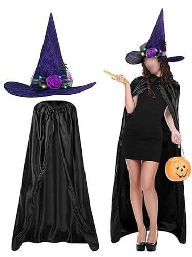Hexenkostüm-Set für Erwachsene, Cosplay, schwarzer böser Hexenhut mit Samtumhang, Halloween-Kostüme, Outfits (lila, Einheitsgröße) von SANSIWU