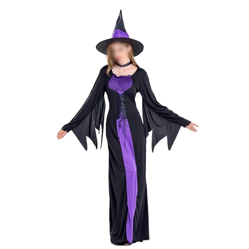 Hexenkostüm für Damen, Halloween, böse Zauberin, mittelalterliche Renaissance, böses Kostüm + Hexenhut + Halsband, Halloween-Party (Schwarz, XL) von SANSIWU
