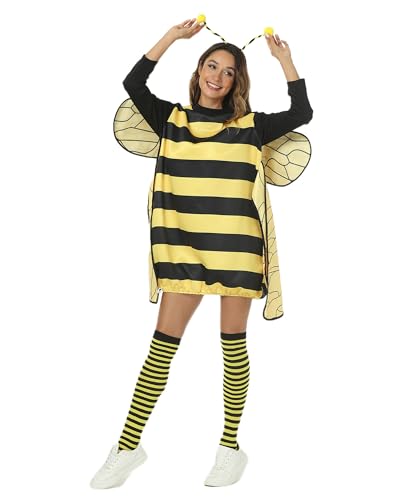 SANSIWU Bienen-Cosplay-Kostüm-Set für Damen, Bienenkleid mit Flügeln, Stirnband, Beinärmeln für Rollenspiele, Zubehör, Halloween, Motto-Party-Kostüme (Gelb B, M) von SANSIWU
