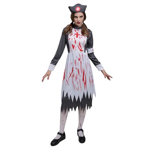 SANSIWU Blutiges Krankenschwester-Kostüm für Damen, V-Ausschnitt, lange Ärmel, schmale Passform, Blutdruck, Rundhalsausschnitt, Geist, Cosplay-Outfit (C-weiße Krankenschwester, XL) von SANSIWU