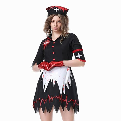 SANSIWU Blutiges Krankenschwester-Kostüm für Damen, V-Ausschnitt, lange Ärmel, schmale Passform, Blutdruck, Rundhalsausschnitt, Geist-Cosplay-Outfit (B-Schwarz, L) von SANSIWU