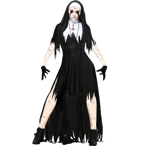 SANSIWU Blutiges Krankenschwester-Kostüm für Damen, V-Ausschnitt, lange Ärmel, schmale Passform, Blutdruck, Rundhalsausschnitt, Geist-Cosplay-Outfit (C-schwarzes Nonnenkostüm, S) von SANSIWU