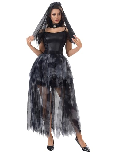 SANSIWU Damen Geisterkostüm Erwachsene Leichenbraut Kostüm Zombie Mesh Brautkleid Halloween Cosplay und Schal (Schwarz, M) von SANSIWU