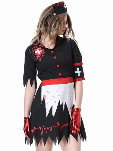SANSIWU Damen Halloween Blutige Krankenschwester Kostüm Gruseliges Zombie Krankenschwester Kostüm gruselige Pfleger Cosplay Outfit (A-Schwarz, M) von SANSIWU