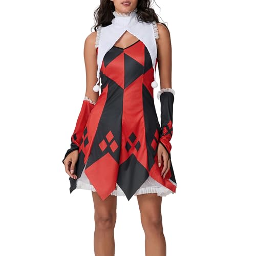 SANSIWU Damen Halloween Clown Ärmelloses Kleid Kostüme Pennywise Narren Rollenspiel Cosplay Outfit Choker Arm Ärmel Tutu Rock Set (A-Red, L) von SANSIWU