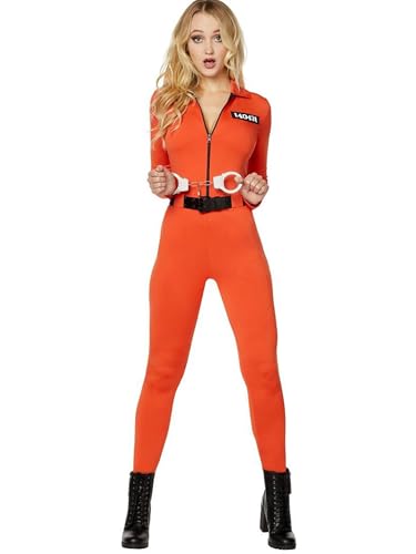 SANSIWU Damen Halloween Cosplay Gefängniskostüm Buchstabendruck Langarm Knopf Orange Gefängnis Krimineller Overall für Erwachsene (B-Blau, L) von SANSIWU