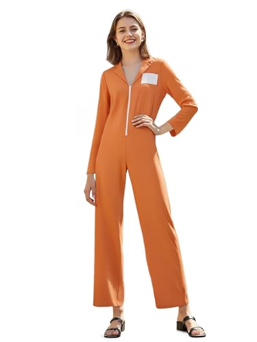 SANSIWU Damen Halloween Cosplay Gefängniskostüm Buchstabendruck Langarm Knopf Orange Gefängnis Krimineller Overall für Erwachsene (B-Orange, L) von SANSIWU
